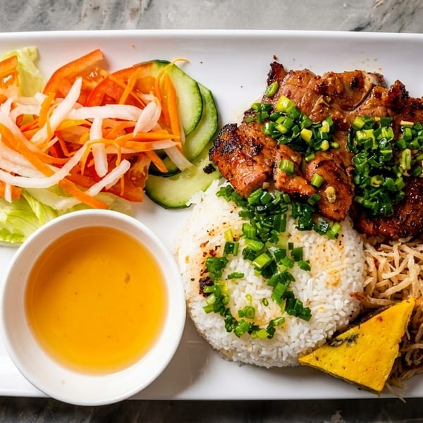 Grilled pork and rice with green onions, fresh salad, pickled vegetables, and dipping sauce.