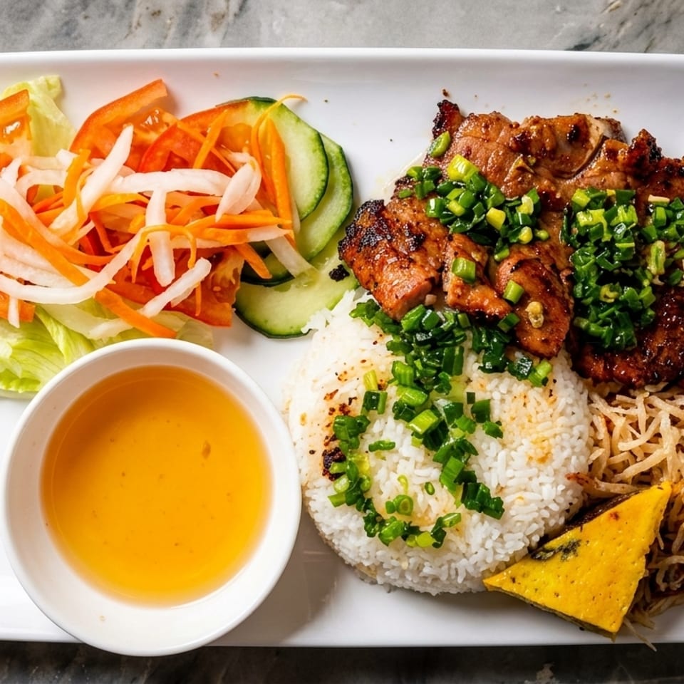 Grilled pork and rice with green onions, fresh salad, pickled vegetables, and dipping sauce.