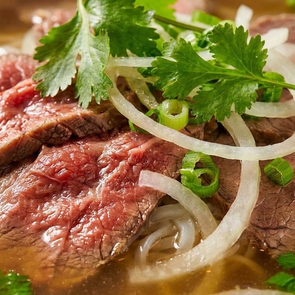 Close-up of beef pho with noodles, broth, cilantro, and sliced onions.
