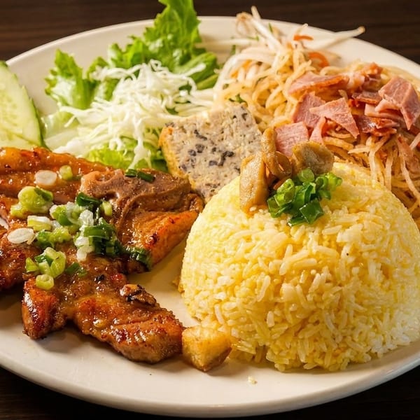 Com Tam plate with grilled pork, yellow rice, meatloaf, salad, and dipping sauce.