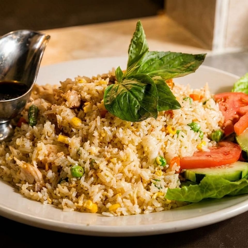 Chicken fried rice with peas, corn, basil, a side salad, and a gravy boat of sauce.