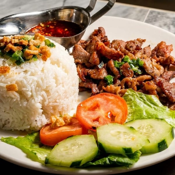 White plate with rice, grilled pork, fresh salad, and a side of chili dipping sauce.