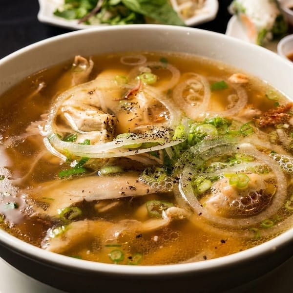Steaming bowl of chicken pho with sliced onions, green onions, and black pepper.